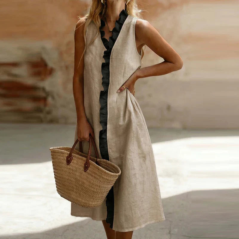 Beige - Sleeveless V-neck midi dress featuring a contrasting ruffle trim down the center front