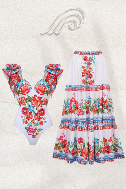 Woman in white floral print swimsuit with ruffled sleeves