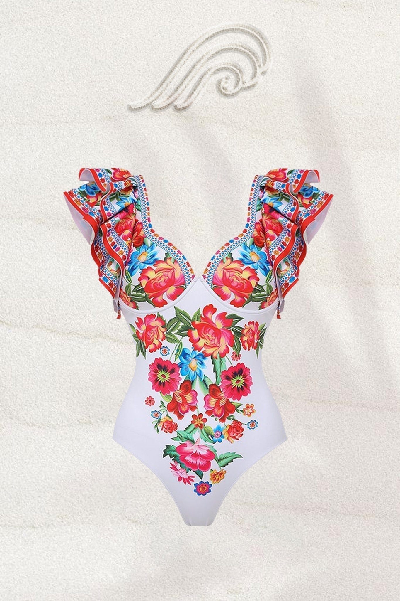 Woman in white floral print swimsuit with ruffled sleeves