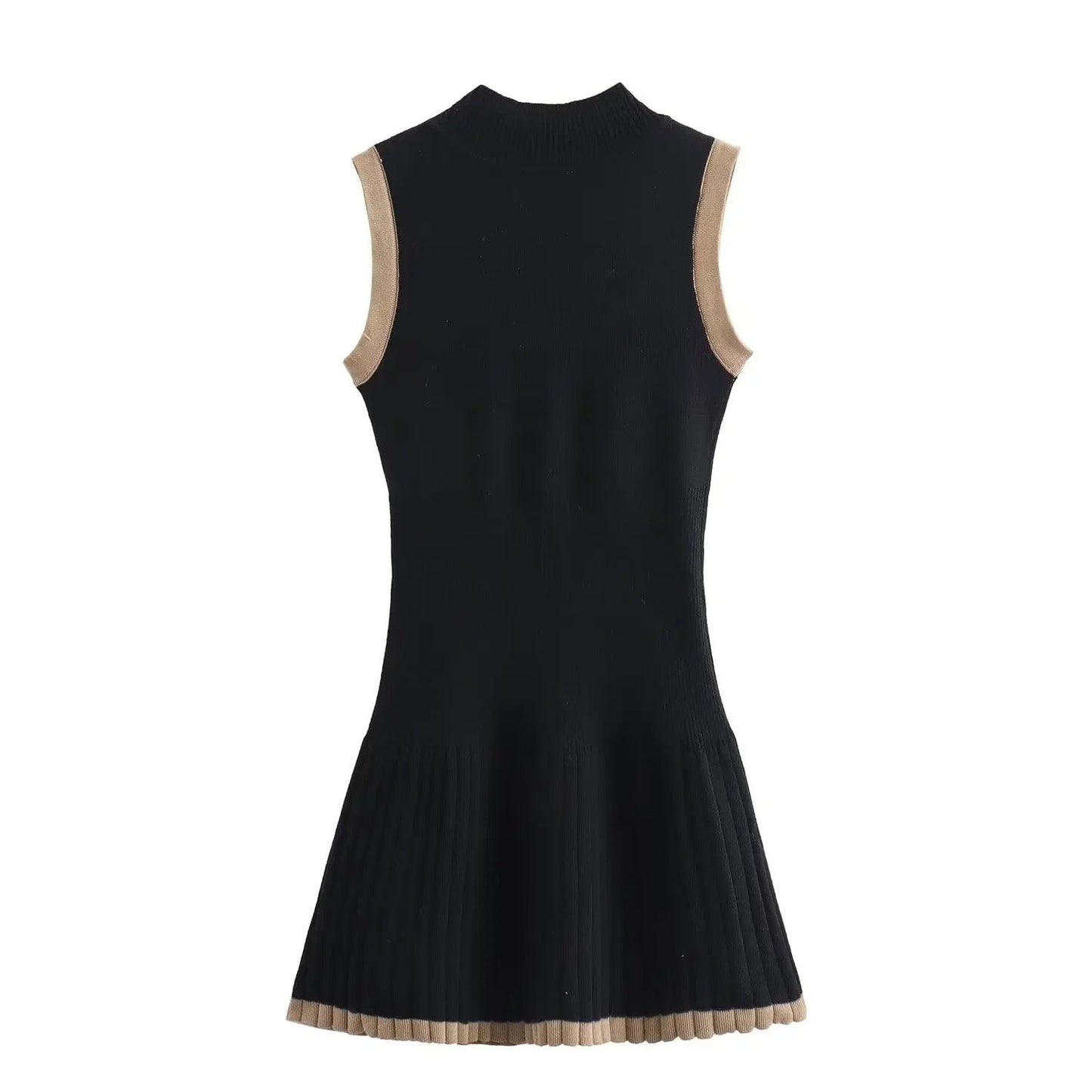 Woman in black ribbed knit mini dress with tan trim, holding coffee and purse.