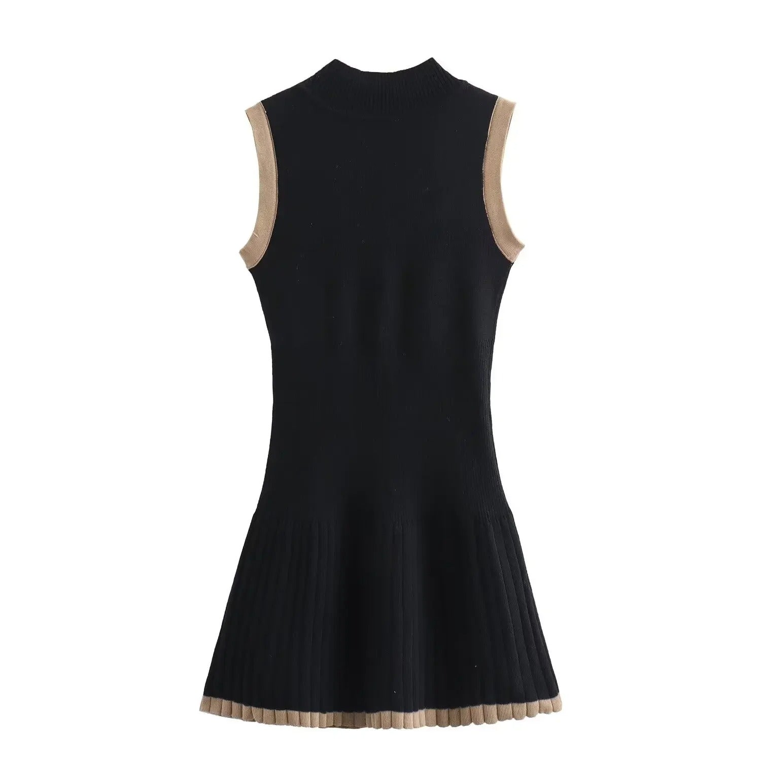 Woman in black ribbed knit mini dress with tan trim, holding coffee and purse.
