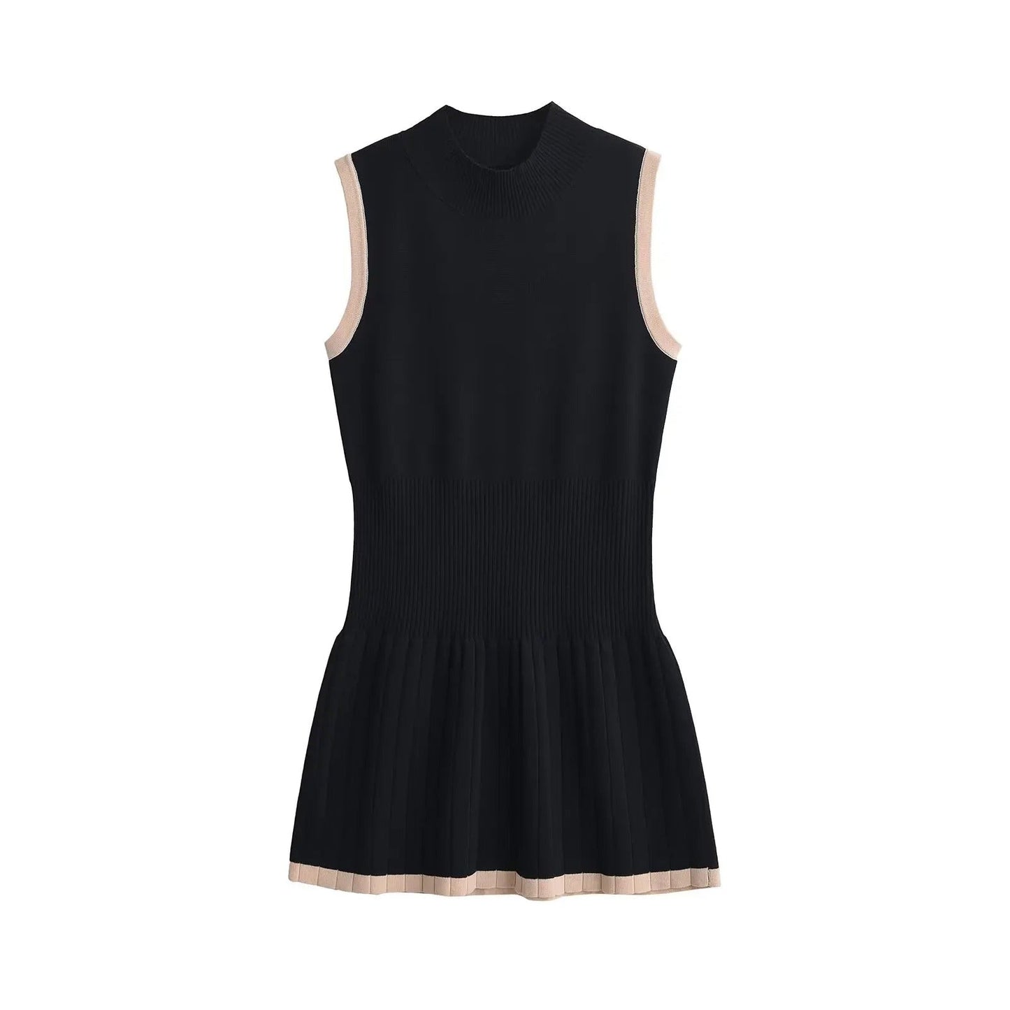 Woman in black ribbed knit mini dress with tan trim, holding coffee and purse.