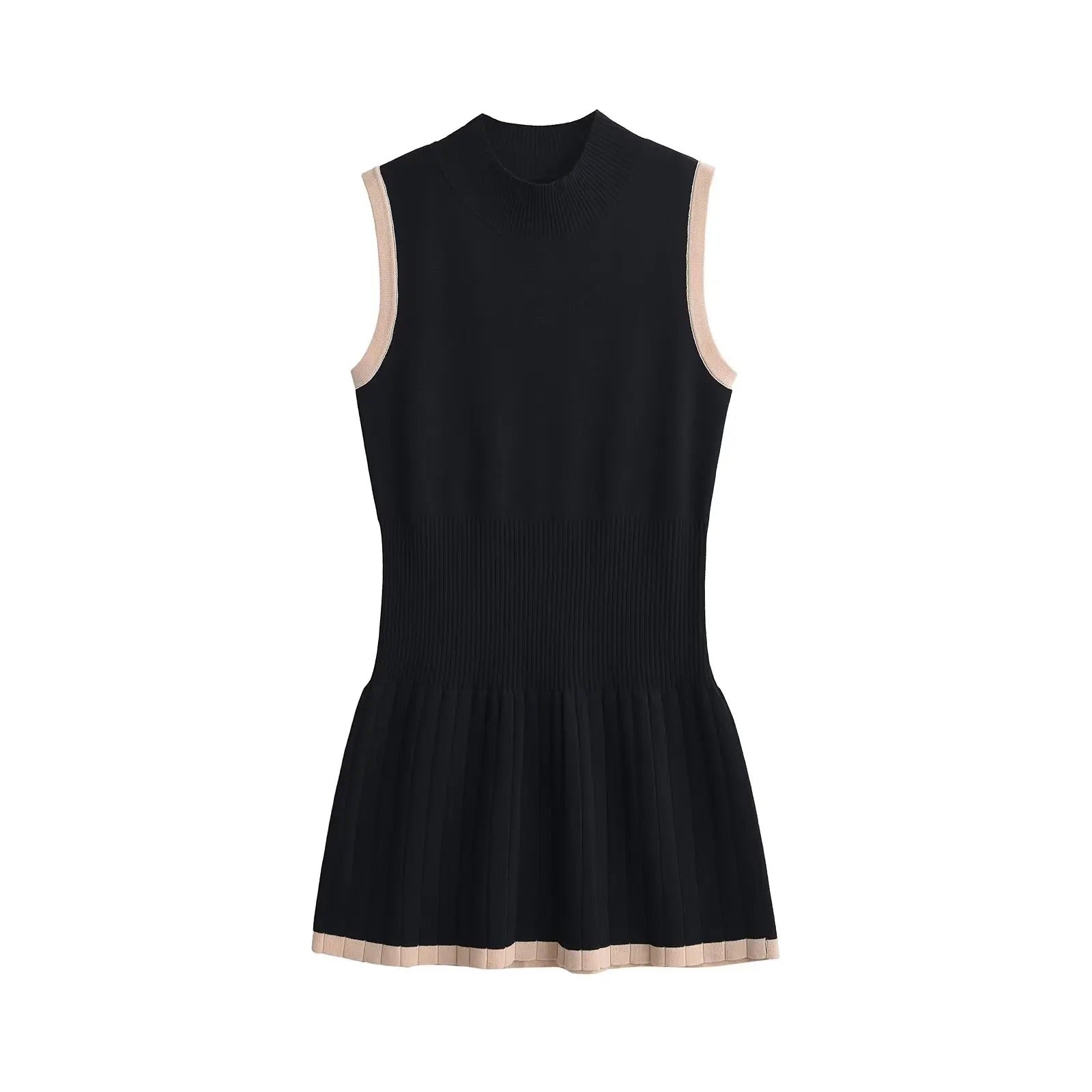 Woman in black ribbed knit mini dress with tan trim, holding coffee and purse.