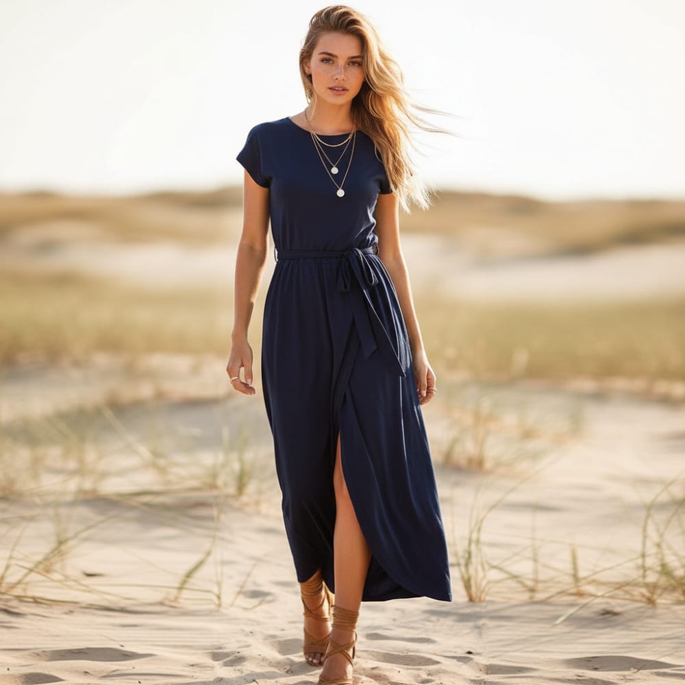 Dark Blue - A woman walks on a sandy beach wearing a black matte jersey maxi dress with cap sleeves, a self-tie belt, and a wrap-front skirt.