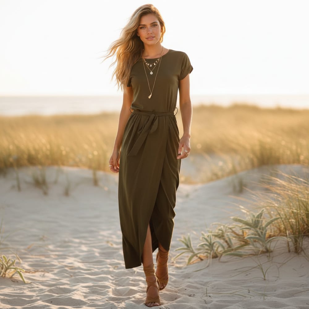 Army Green - A woman walks on a sandy beach wearing a black matte jersey maxi dress with cap sleeves, a self-tie belt, and a wrap-front skirt.