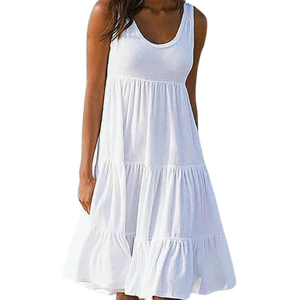 White - A woman wearing a sleeveless white cotton jersey tiered midi sundress with a scoop neckline and relaxed A-line silhouette.