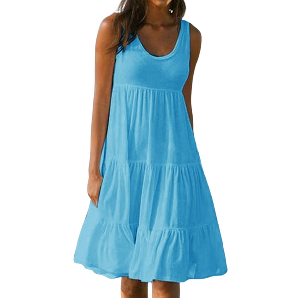 Light Blue - A woman wearing a sleeveless white cotton jersey tiered midi sundress with a scoop neckline and relaxed A-line silhouette.