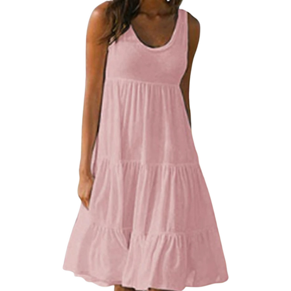 Pink - A woman wearing a sleeveless white cotton jersey tiered midi sundress with a scoop neckline and relaxed A-line silhouette.