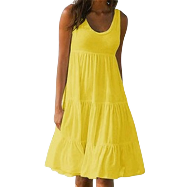 Yellow - A woman wearing a sleeveless white cotton jersey tiered midi sundress with a scoop neckline and relaxed A-line silhouette.