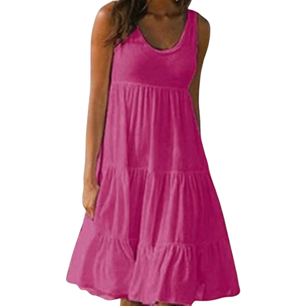 Rose Red - A woman wearing a sleeveless white cotton jersey tiered midi sundress with a scoop neckline and relaxed A-line silhouette.