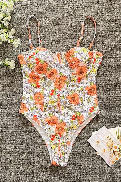 Woman in peach and white plaid one-piece swimsuit
