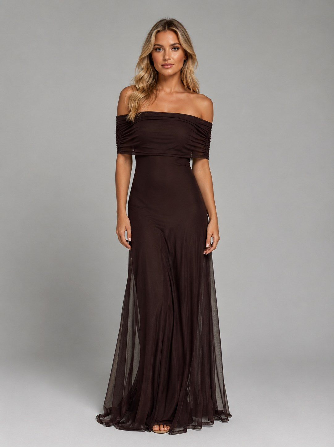 Off Shoulder Mesh Maxi Dress