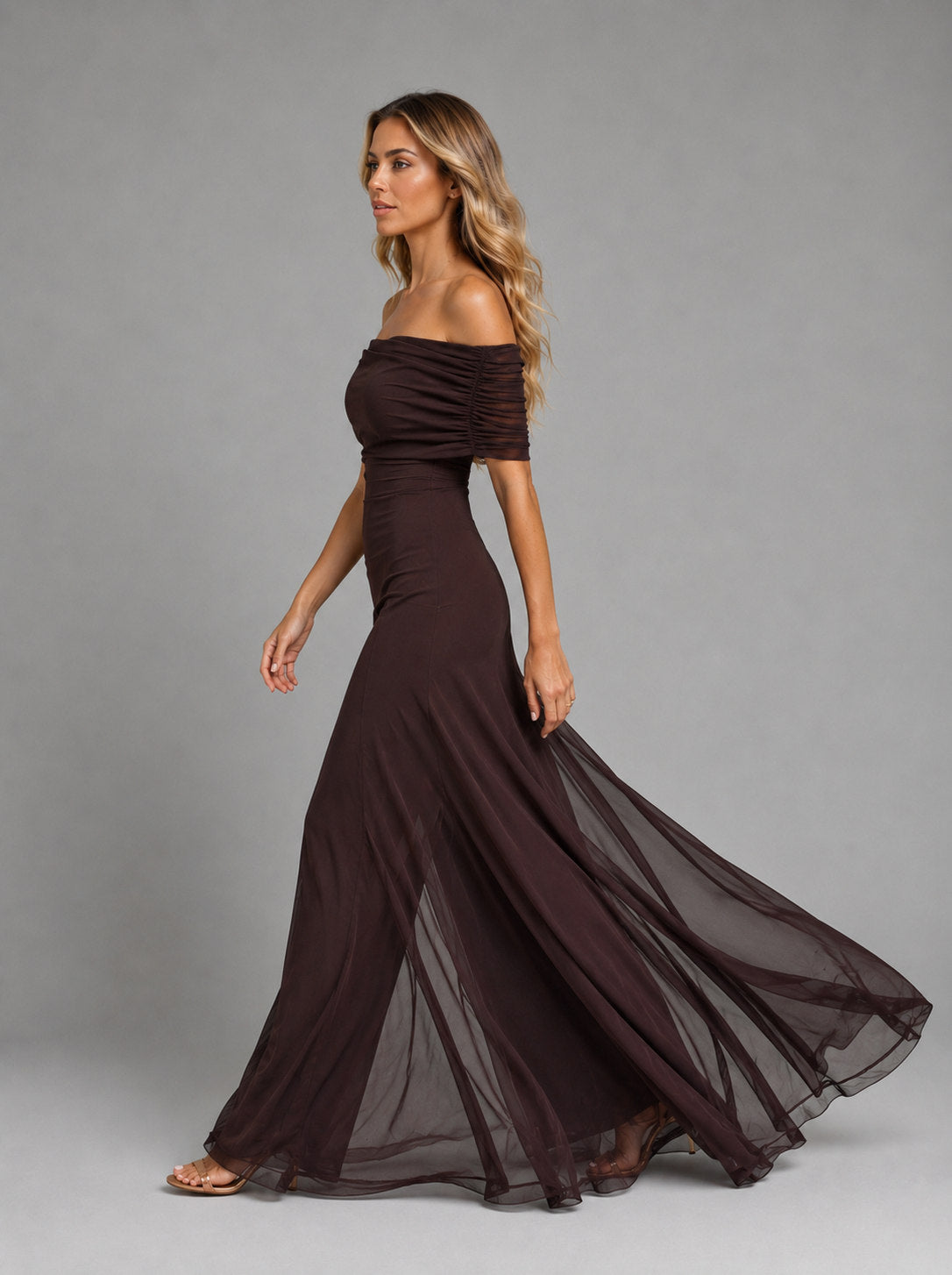 Off Shoulder Mesh Maxi Dress