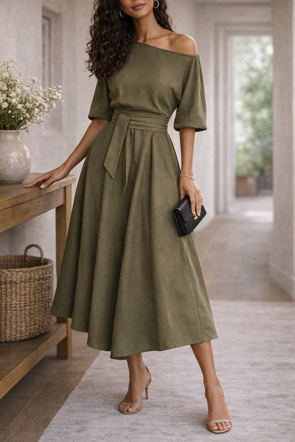 Green - A woman wearing an olive green off-the-shoulder midi dress with a matching self-tie belt at the waist, styled with neutral heeled sandals and a black clutch.