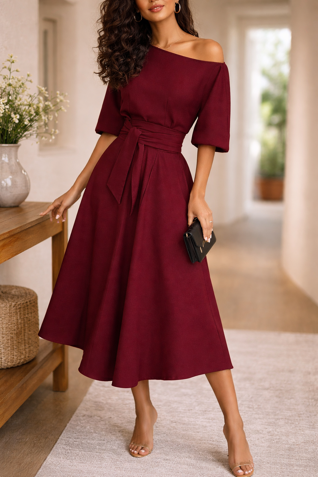 Dark Red - A woman wearing an olive green off-the-shoulder midi dress with a matching self-tie belt at the waist, styled with neutral heeled sandals and a black clutch.