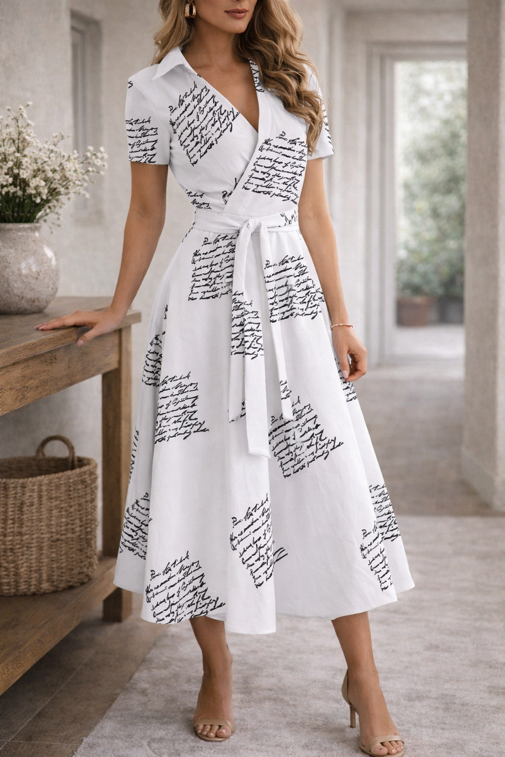 White - A woman wearing an olive green off-the-shoulder midi dress with a matching self-tie belt at the waist, styled with neutral heeled sandals and a black clutch.