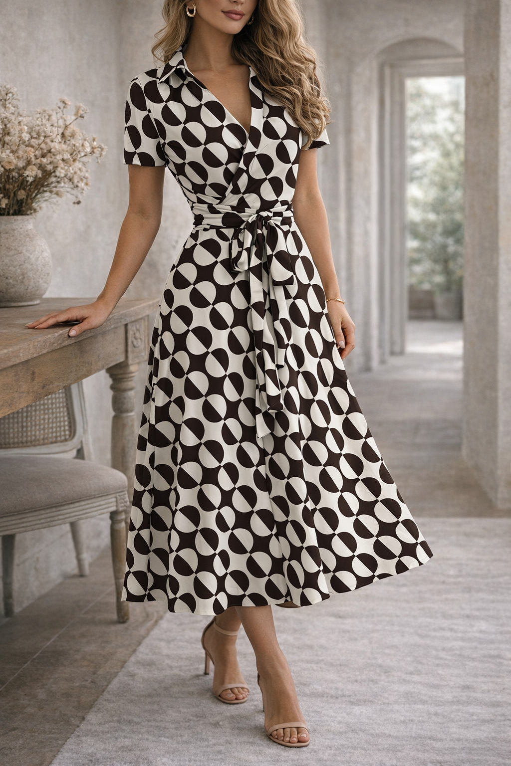 Black and White - A woman wearing an olive green off-the-shoulder midi dress with a matching self-tie belt at the waist, styled with neutral heeled sandals and a black clutch.