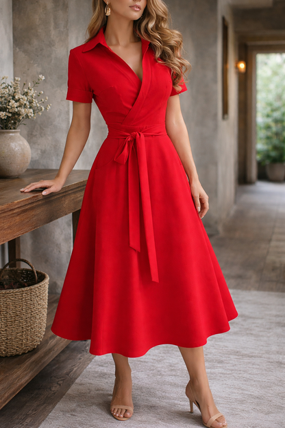 Rose Red - A woman wearing an olive green off-the-shoulder midi dress with a matching self-tie belt at the waist, styled with neutral heeled sandals and a black clutch.