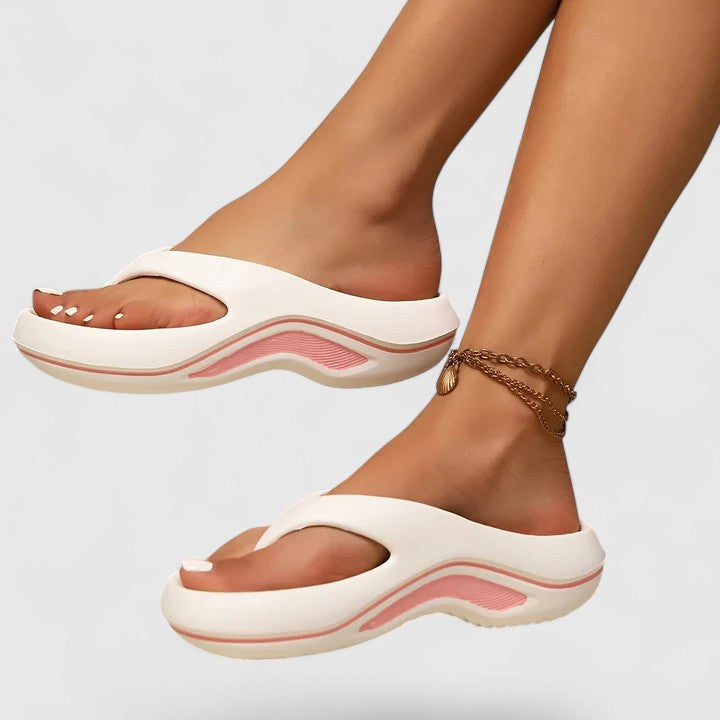 White/Pink - Molded EVA platform thong sandals featuring a thick shock-absorbing sole with a wavy contrast midsole and contoured footbed