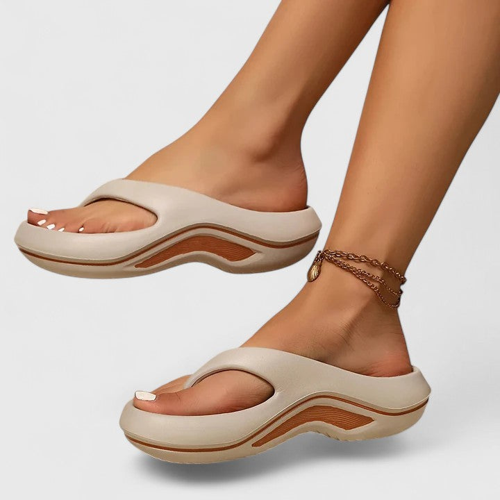 Grey/Brown - Molded EVA platform thong sandals featuring a thick shock-absorbing sole with a wavy contrast midsole and contoured footbed