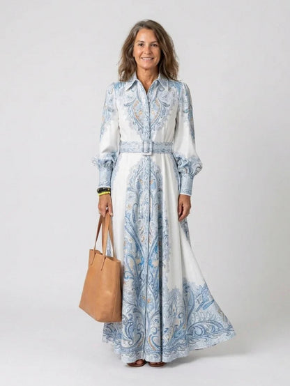 Paisley Long Sleeve Belted Maxi Shirt Dress