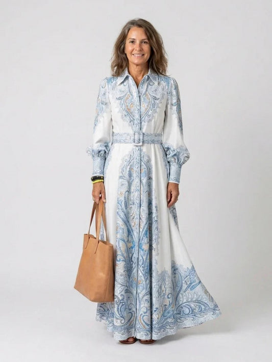 Paisley Long Sleeve Belted Maxi Shirt Dress