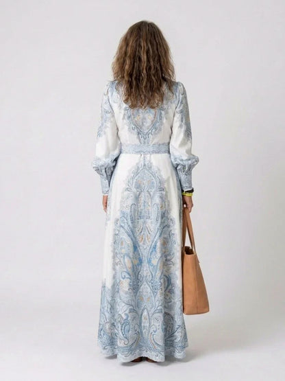 Paisley Long Sleeve Belted Maxi Shirt Dress