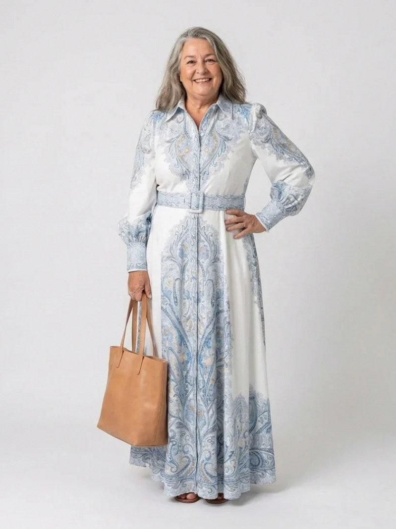 Paisley Long Sleeve Belted Maxi Shirt Dress