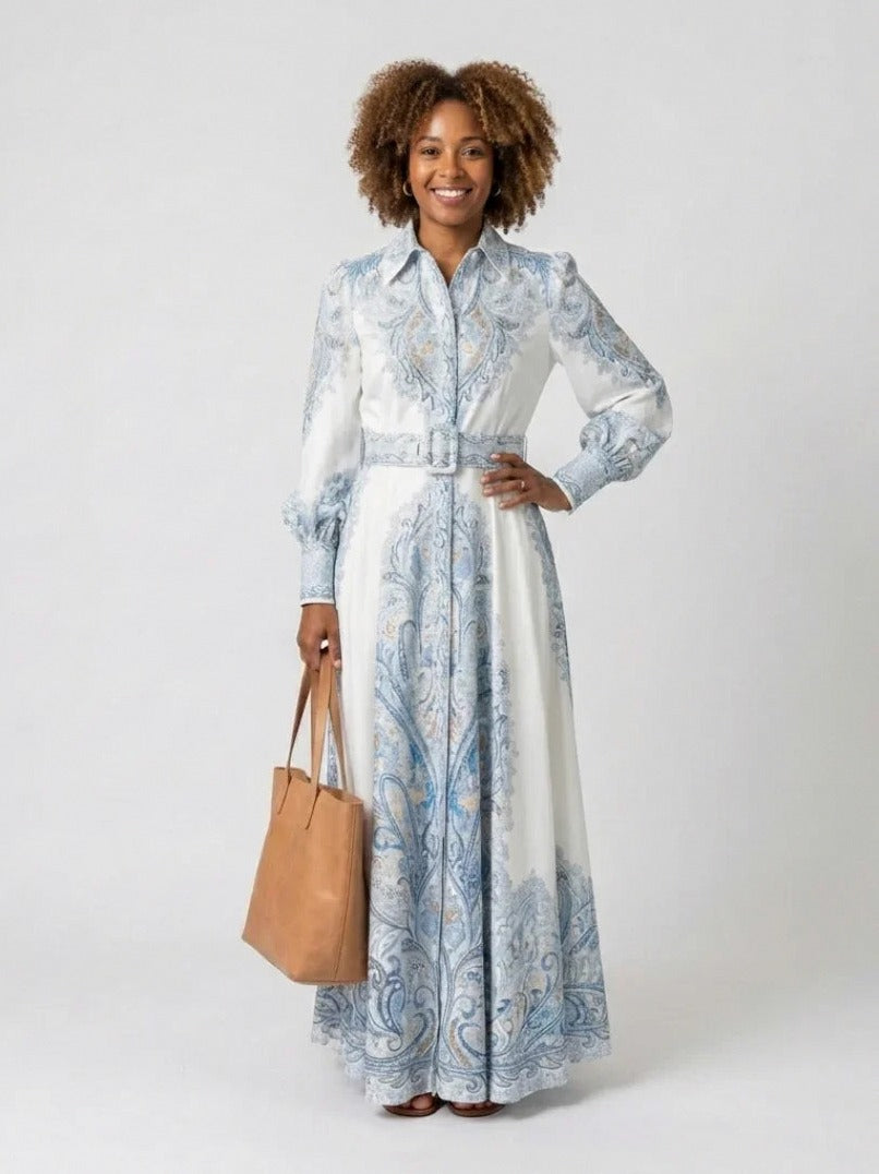 Paisley Long Sleeve Belted Maxi Shirt Dress