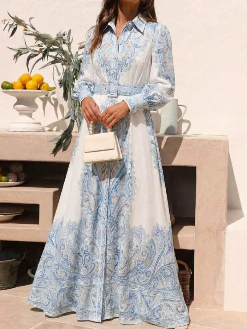 Paisley Long Sleeve Belted Maxi Shirt Dress