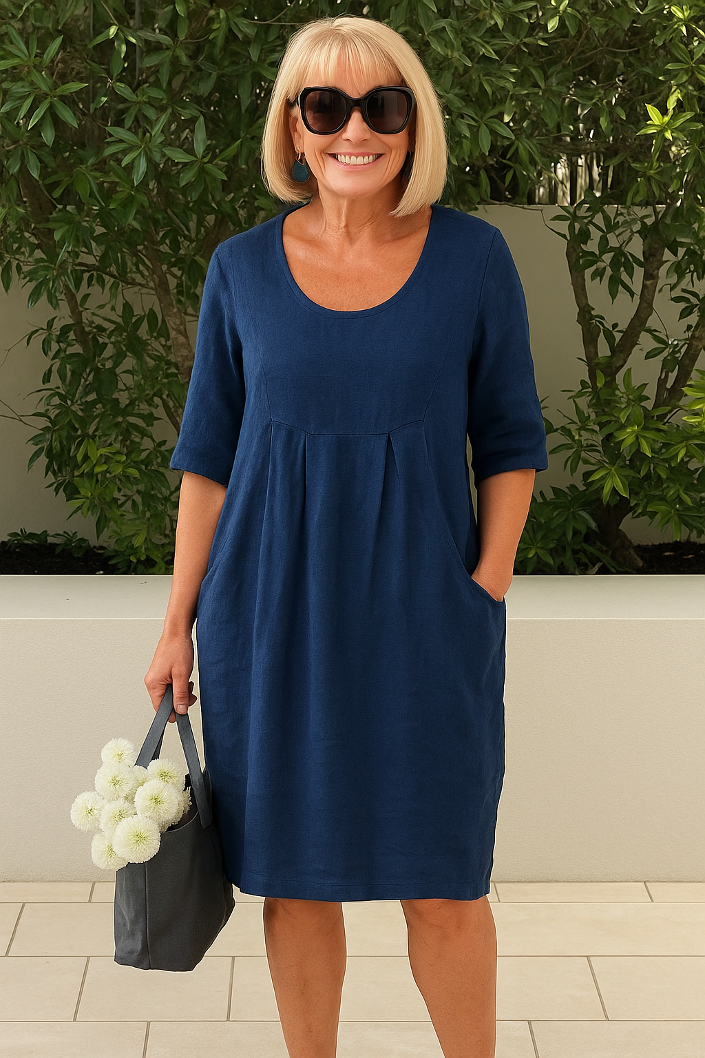 Navy - Woman wearing a knee-length, short-sleeve linen dress with front pleats and side pockets, holding a tote bag with flowers.