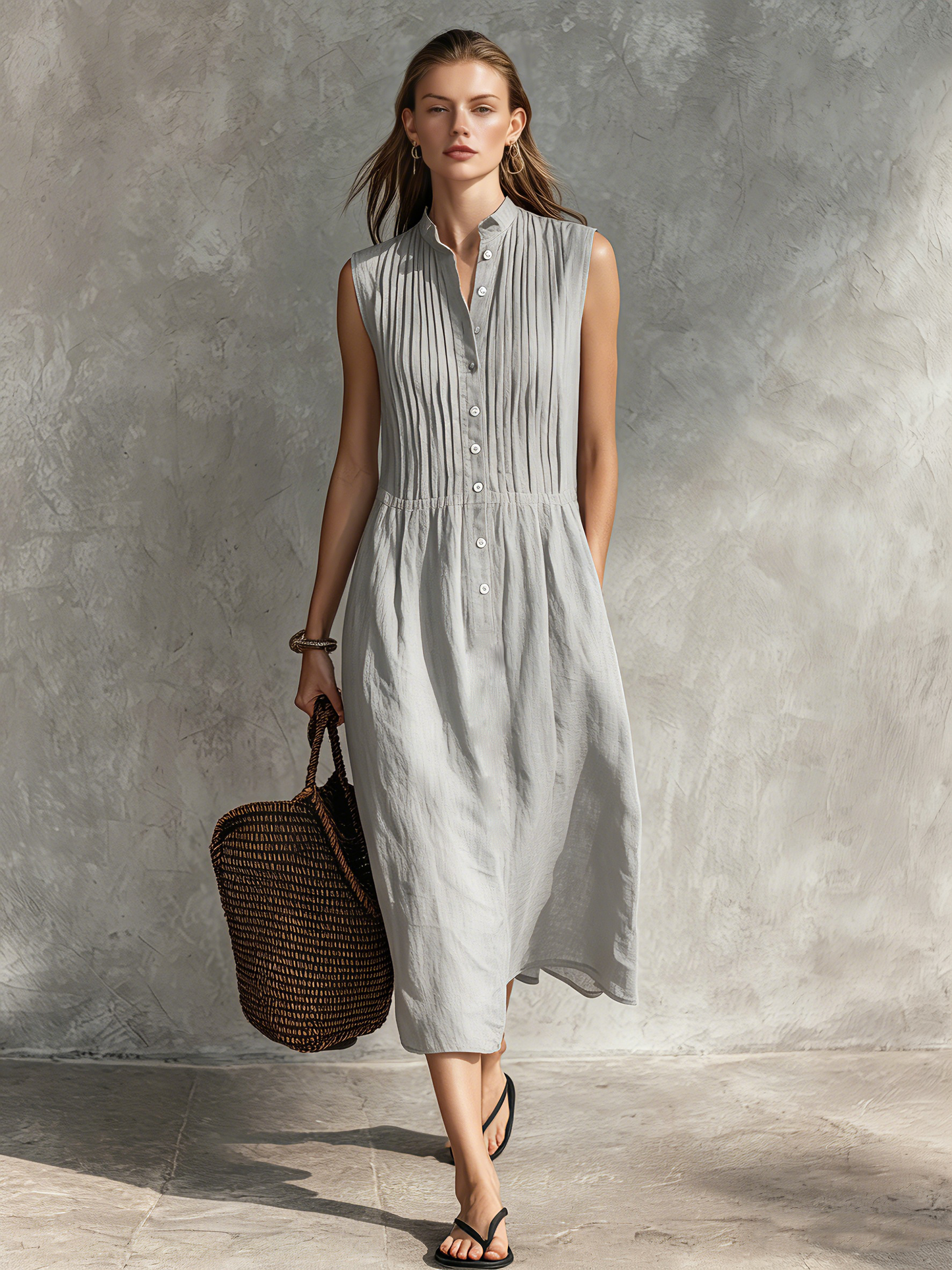 Grey - Woman wearing a sleeveless midi shirtdress with a pleated button-front bodice and stand collar, carrying a woven tote bag.