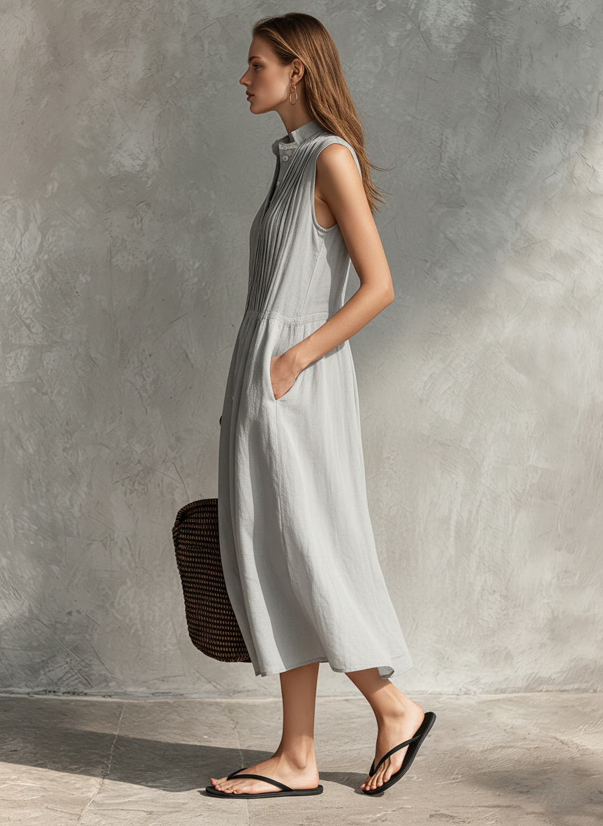 Grey - Woman wearing a sleeveless midi shirtdress with a pleated button-front bodice and stand collar, carrying a woven tote bag.