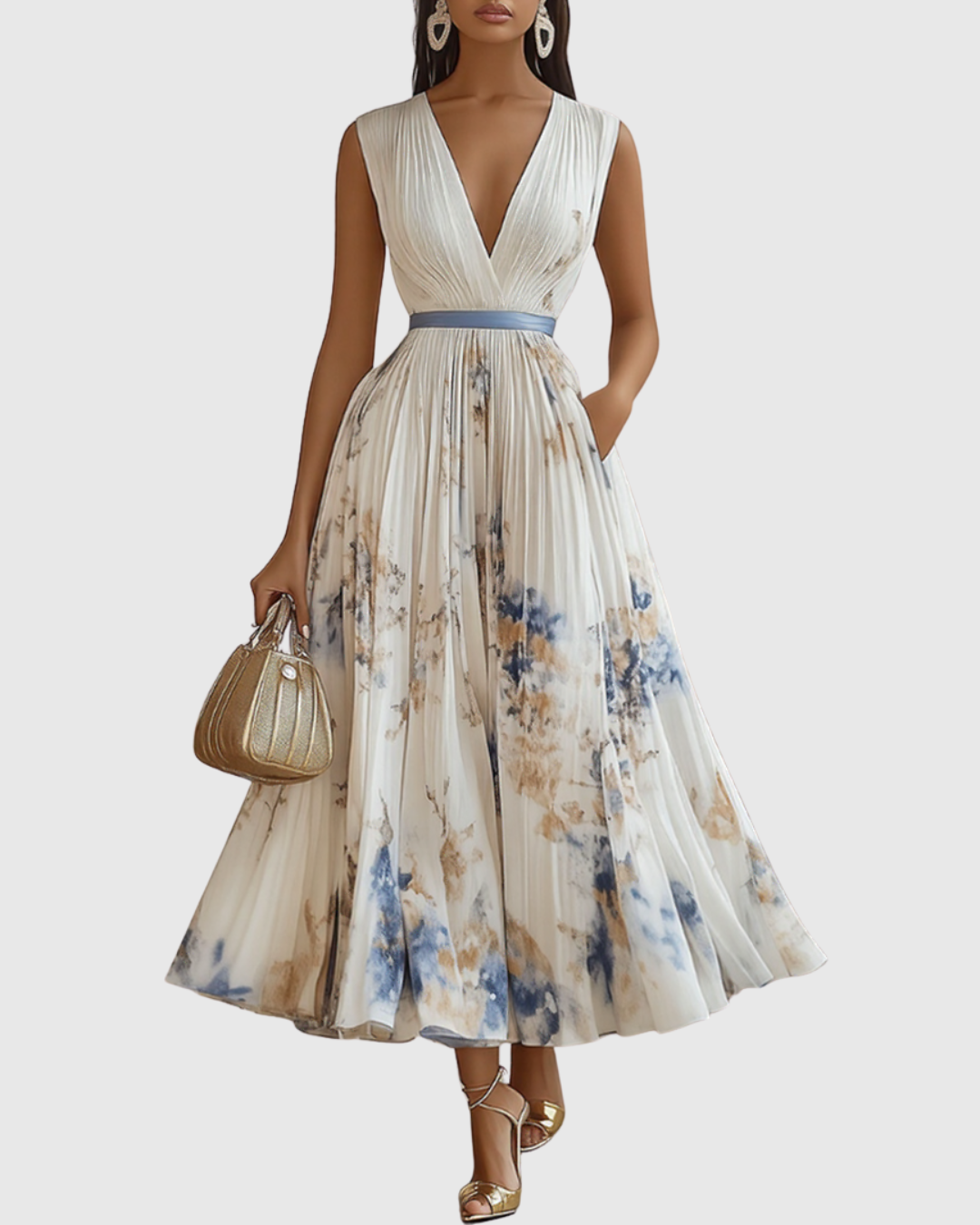 White - Model wearing a sleeveless, plunging V-neck midi dress in pleated off-white chiffon with a blue and gold watercolor floral print, featuring a cinched blue waist band and a flowy A-line skirt with pockets.