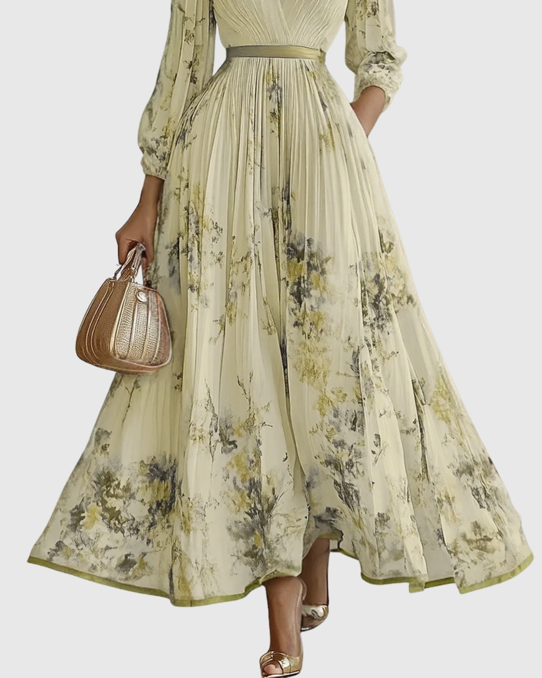 Yellow - Model wearing a sleeveless, plunging V-neck midi dress in pleated off-white chiffon with a blue and gold watercolor floral print, featuring a cinched blue waist band and a flowy A-line skirt with pockets.