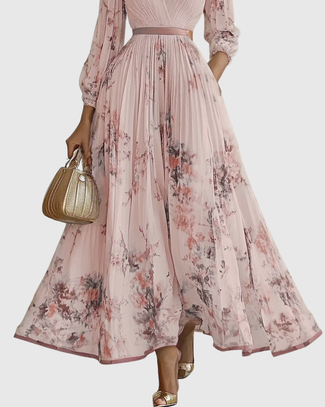 Pink - Model wearing a sleeveless, plunging V-neck midi dress in pleated off-white chiffon with a blue and gold watercolor floral print, featuring a cinched blue waist band and a flowy A-line skirt with pockets.