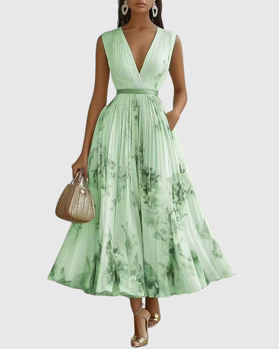 Green - Model wearing a sleeveless, plunging V-neck midi dress in pleated off-white chiffon with a blue and gold watercolor floral print, featuring a cinched blue waist band and a flowy A-line skirt with pockets.