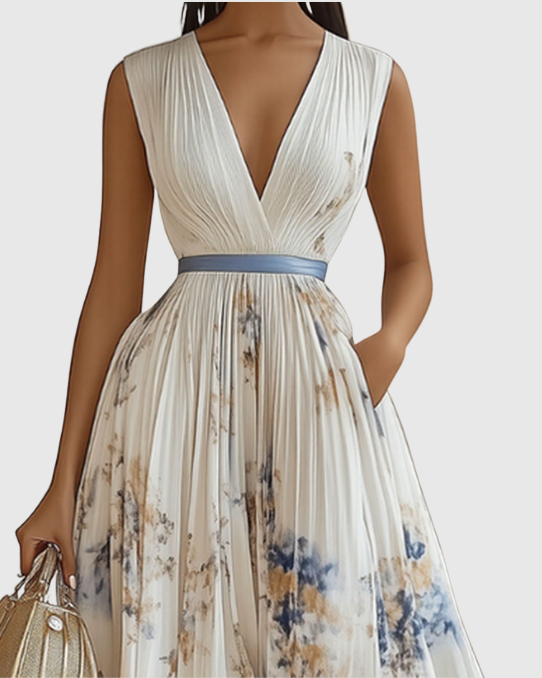 White - Model wearing a sleeveless, plunging V-neck midi dress in pleated off-white chiffon with a blue and gold watercolor floral print, featuring a cinched blue waist band and a flowy A-line skirt with pockets.