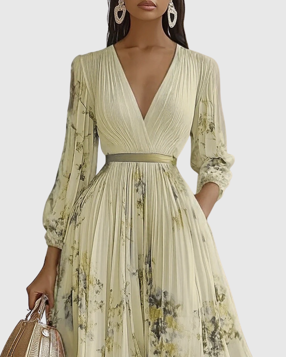 Yellow - Model wearing a sleeveless, plunging V-neck midi dress in pleated off-white chiffon with a blue and gold watercolor floral print, featuring a cinched blue waist band and a flowy A-line skirt with pockets.