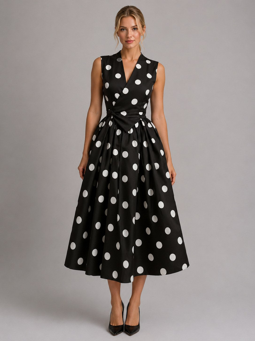 Polka Dot Tie Waist Midi Dress