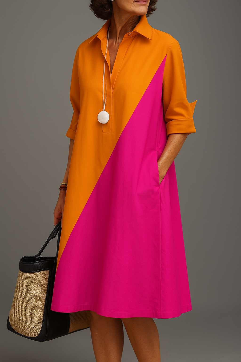 3XL - Woman wearing a crisp poplin A-line midi dress featuring a bold two-tone color block design, collared V-neckline, and 3/4 length sleeves