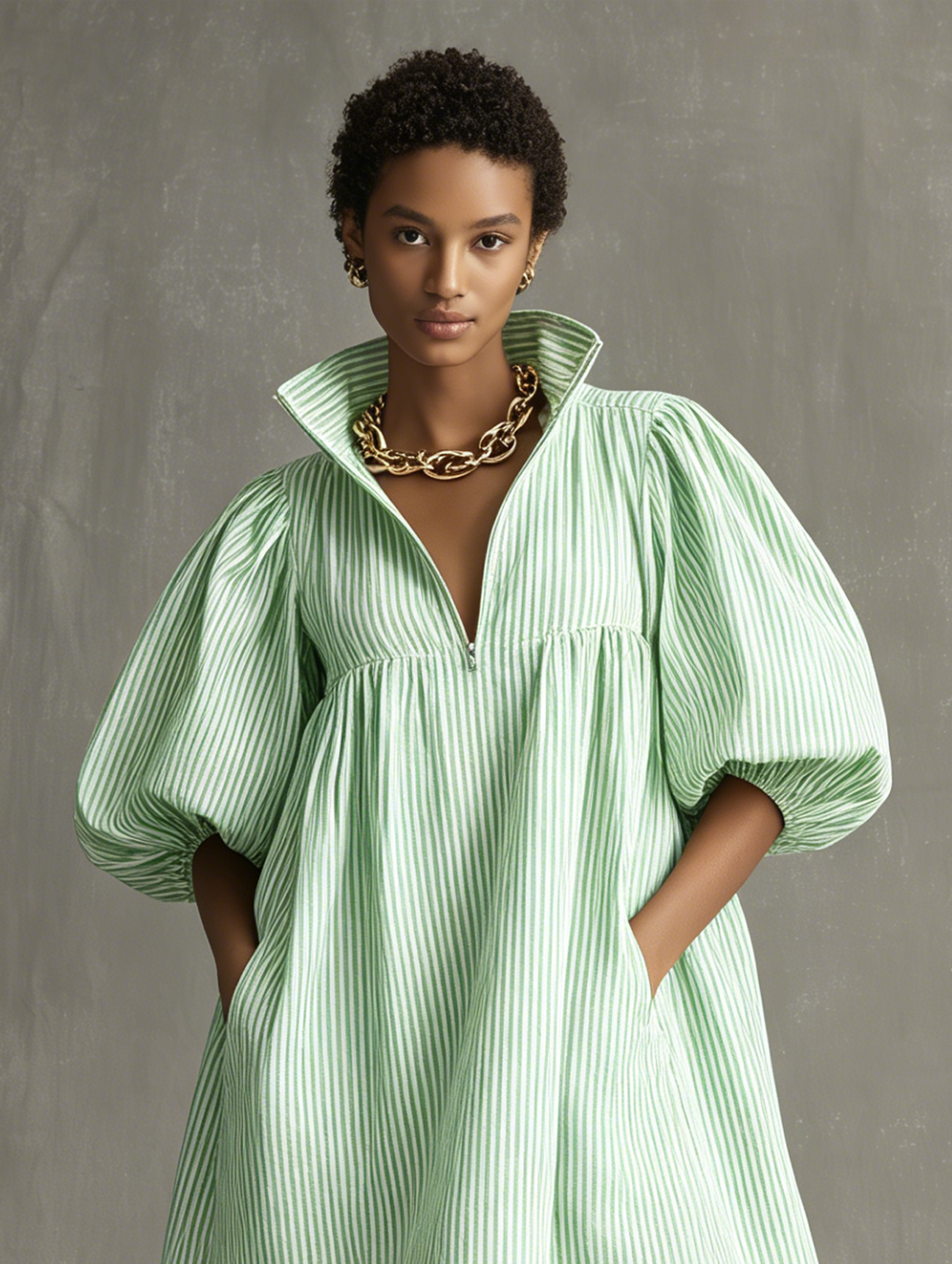 Light Green - Model wearing a striped poplin mini dress featuring voluminous puff sleeves, a high stand collar, front half-zip closure, and side pockets, styled with a chunky chain necklace and strappy heels.