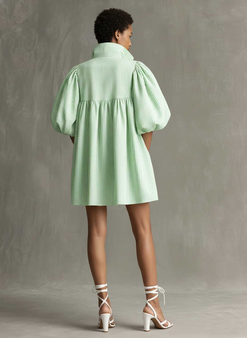 Light Green - Model wearing a striped poplin mini dress featuring voluminous puff sleeves, a high stand collar, front half-zip closure, and side pockets, styled with a chunky chain necklace and strappy heels.