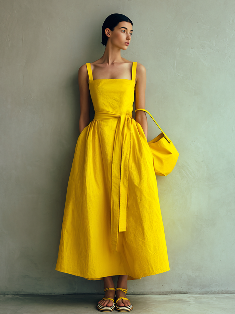 Yellow - Woman wearing a square-neck midi dress with wide straps, a self-tie waist, and a voluminous A-line skirt, holding a matching handbag against a textured grey background.