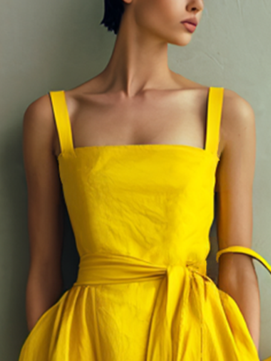 Yellow - Woman wearing a square-neck midi dress with wide straps, a self-tie waist, and a voluminous A-line skirt, holding a matching handbag against a textured grey background.