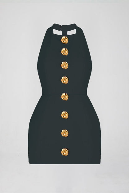 Woman in pink crepe mini dress with gold rose buttons