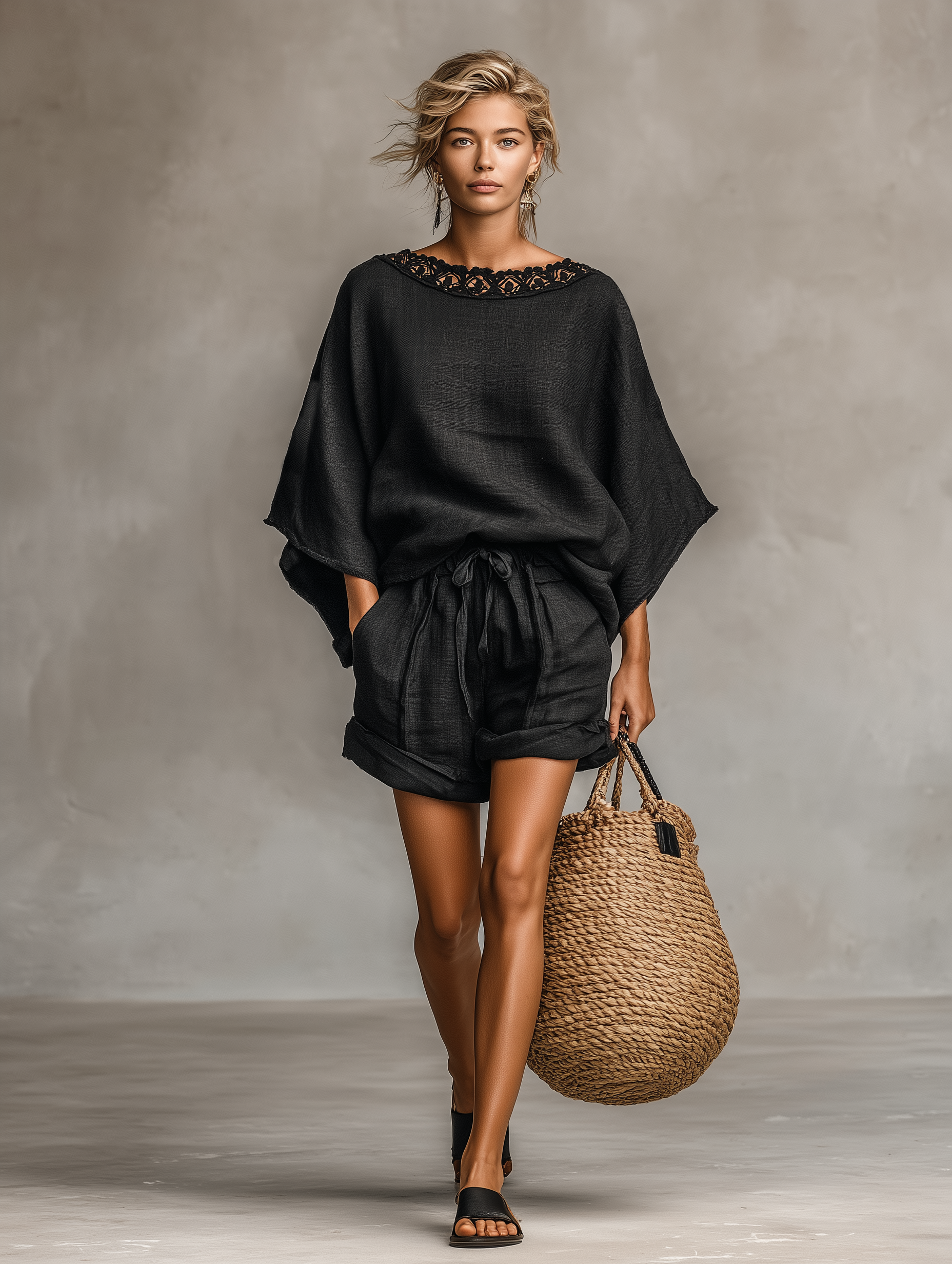Black - A woman models a relaxed-fit woven shorts set featuring a boat neckline with crochet trim, dolman sleeves, and drawstring waist shorts, styled with a large woven tote bag.