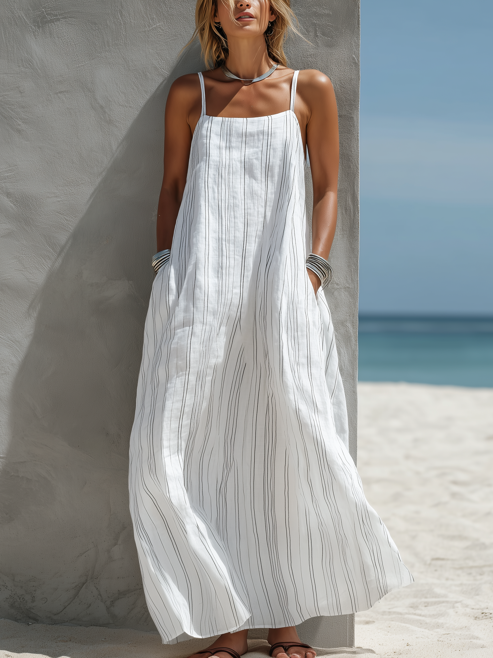White - Woman standing on a beach wearing a relaxed fit, striped spaghetti-strap maxi dress with her hands in the side pockets.