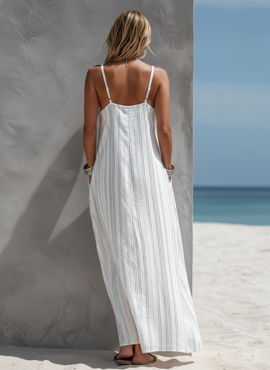 White - Woman standing on a beach wearing a relaxed fit, striped spaghetti-strap maxi dress with her hands in the side pockets.