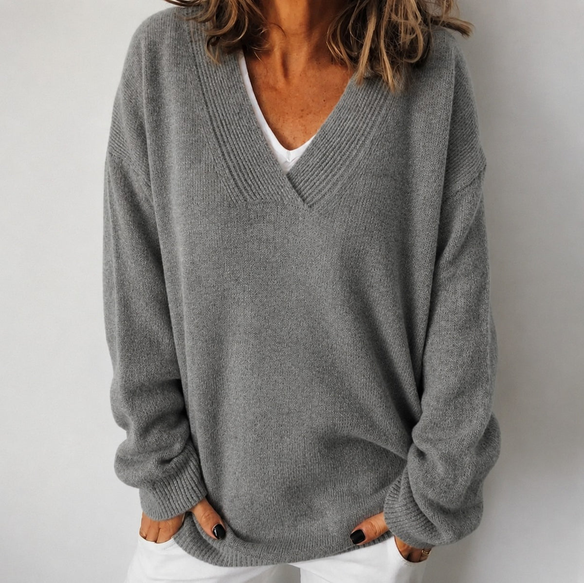 Relaxed V Neck Ribbed Sweater